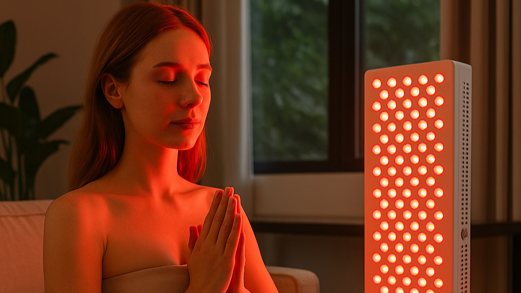 Woman meditating in front of a Valone red light therapy device in a dimly lit room.